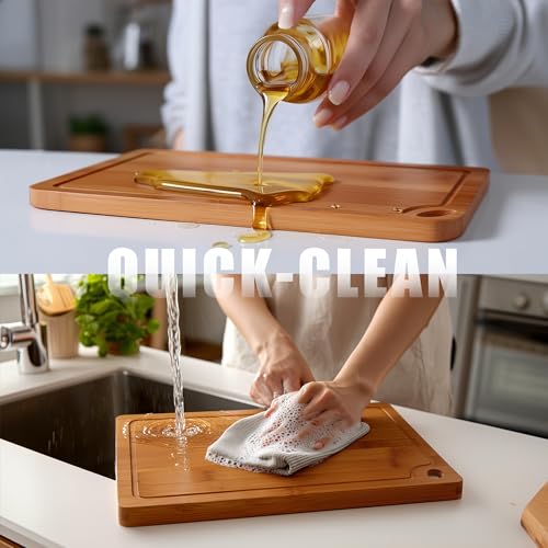 3-Piece Organic Bamboo Cutting Board Set for Kitchen - Carbonized Extra Sturdy Chopping Boards with Juice Grooves - Knife-Friendly Multi-Size (15", 12", 9") for Meat & Veggies - Housewarming Gift Box
