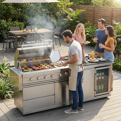 84" Deluxe Outdoor Kitchen Bar and BBQ Island Grill with 6 Burner, 75300 BTU Stainless Steel Grill, Integrated Sink, Wine Cooler, Refrigerator, Granite Countertops, and Rotisserie Kit