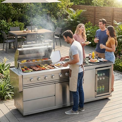 84" Deluxe Outdoor Kitchen Bar and BBQ Island Grill with 6 Burner, 75300 BTU Stainless Steel Grill, Integrated Sink, Wine Cooler, Refrigerator, Granite Countertops, and Rotisserie Kit