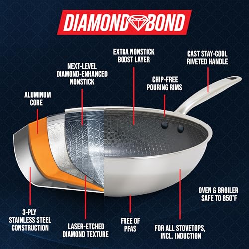 Blue Diamond Hybrid Nonstick Stainless Steel 8” Frying Pan, PFAS-Free Ceramic Skillet, Diamond Bond Powerful Searing, Egg & Omelet Pan, Dishwasher Safe, Stay-Cool Handle, Induction Ready, All Cooktops