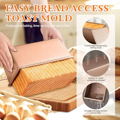 YIWSKJ 3-Pack Bread Pan with Lids, 2.2LB & 1LB & 1LB Dough Capacity, Non-Stick Carbon Steel Pullman Loaf Pan for Baking, Professional Toast Box Mold with Baking Tools - Gold