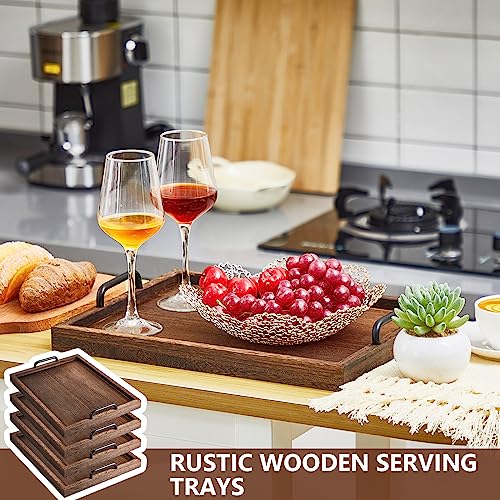 4 Pcs Large Wooden Serving Tray Decorative 15.8 x 11.8 x 1.2 in Ottomantray Rustic with Handle Coffee Table Wood Tray Kitchen Platter for Christmas Thanksgiving Party Gift Breakfast Wedding(Brown)