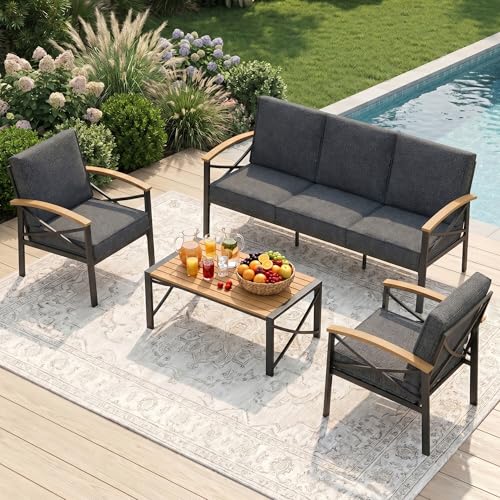 4-Piece Outdoor Patio Furniture Set for All-Weather, Heavy-Duty Metal Outside Furniture with Washable Thick Cushions, Patio Sectional with Coffee Table for Patio, Deck, Backyard, Garden, Grey