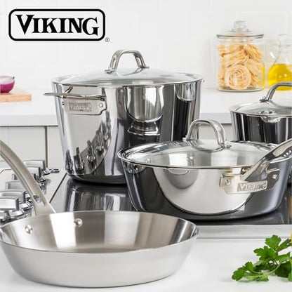 Viking Contemporary 3-Ply Stainless Steel Stock Pot, 8 Quart Soup Cooking Pot with Lid, Kitchen Cookware