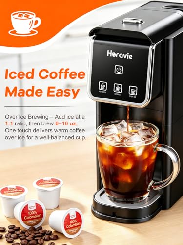Horavie Single Serve Coffee Maker, Hot & Iced Coffee Maker for K-Pod and Grounds, Strong Brew Setting, 6-12 oz Brew Sizes One Cup Coffee Machine, Black