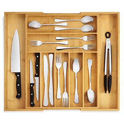 Purawood - Large Premium Bamboo Silverware Organizer - Expandable Kitchen Drawer & Utensil Organizer, 17" x 19.75" Cutlery Tray with Drawer Dividers for Kitchen Flatware (7-9 Slots) (Natural)