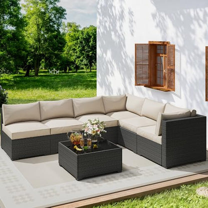 7 Piece Outdoor Patio Sectional Furniture Set, Modular Wicker Outdoor Couch