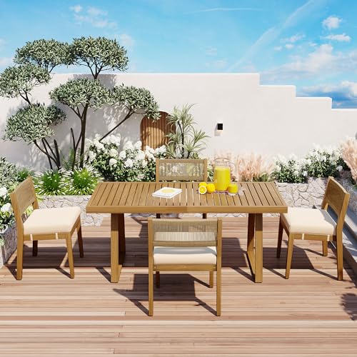 CKLMMC Modern 5 Pieces Patio Dining Table Set, Acacia Wood Dining Table and 4 Chairs,Outdoor Indoor Furniture Set for Garden, Backyard, Balcony (Beige)