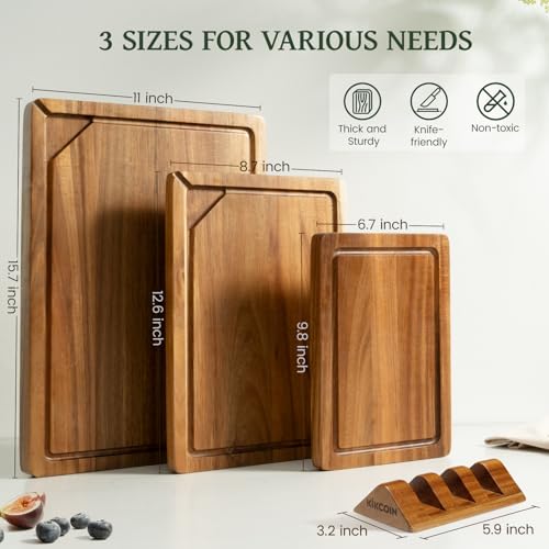 Acacia Wood Cutting Boards for Kitchen, Kikcoin 3 PCS Wooden Cutting Board Set with Holder, Chopping Board with Compartments and Juice Groove, Solid Charcuterie Boards Serving Tray Wood Butcher Block