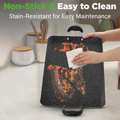 Nutrichef Double Burner Griddle, Non-Stick Stove Top Griddle for Gas Stove, Dishwasher Safe, Heatproof Bakelite Handles, Even Heat Distribution, PFOA & PFOS Free, 20” x 12” x 0.8” Inch (Black)