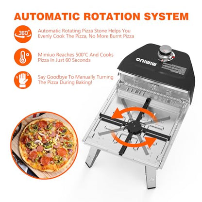 Mimiuo Outdoor Gas Pizza Oven with Automatic Rotating Stone - 39 lbs Heavy Duty Propane Pizza Stove 14 Inch for Backyard Camping, Bakes Pizza in 60 Seconds, Includes Pizza Stone, Peel & Cover