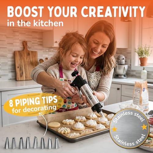 WEYDEA Cookie Press Gun Kit 23 in 1 - Stainless Steel Cookie Maker with 13 Discs, 8 Piping Tips & Silicone Baking Mold - Cookie Making Kit for DIY Baking