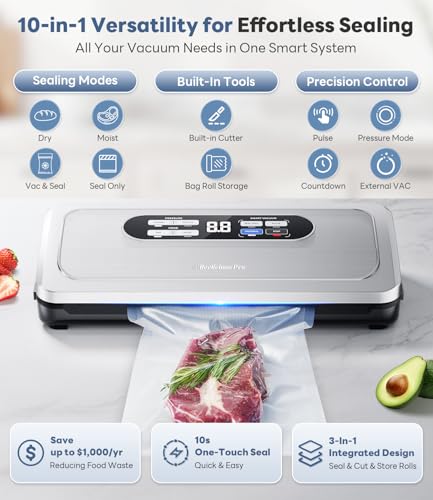 Vacuum Sealer Machine with AirLock ProSeal System, 10-in-1 Vacuum Sealer for Food, Moist/Dry Sealing Modes, Compact Design with Digital Timer, Built-in Cutter & Roll Storage, Stainless Steel