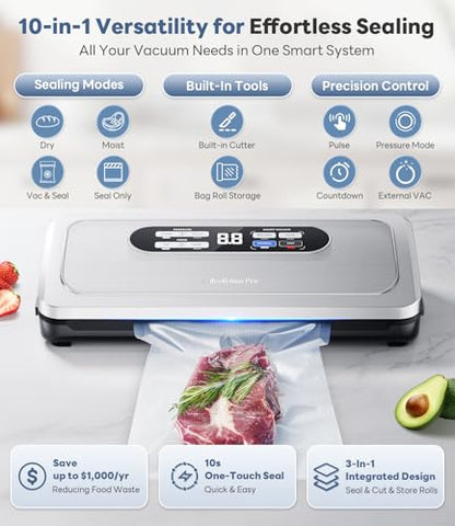 Vacuum Sealer Machine with AirLock ProSeal System, 10-in-1 Vacuum Sealer for Food, Moist/Dry Sealing Modes, Compact Design with Digital Timer, Built-in Cutter & Roll Storage, Stainless Steel