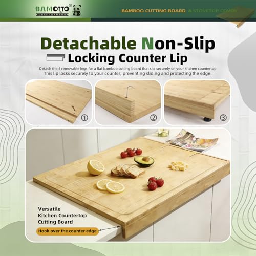BAMOTTO CRAFTBAMBOO 30 x 21 in Extra Large Bamboo Cutting Board, Stovetop Cover, Sink Cover, Noodle Board with Detachable Legs & Detachable Non-Slip Front Lip for Kitchen Countertop