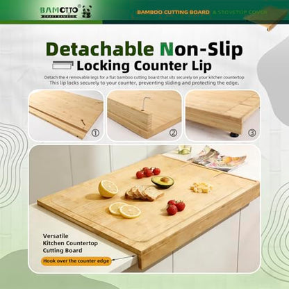 BAMOTTO CRAFTBAMBOO 30 x 21 in Extra Large Bamboo Cutting Board, Stovetop Cover, Sink Cover, Noodle Board with Detachable Legs & Detachable Non-Slip Front Lip for Kitchen Countertop