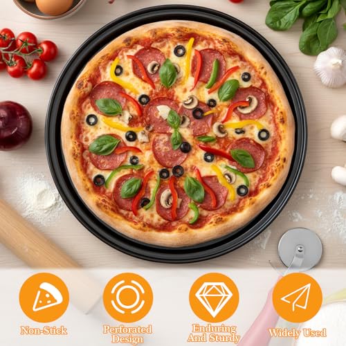 Kegeeei 4 Pcs Pizza Pan Set With Holes, Carbon Steel Perforated Non-Stick Pizza Tray For Oven Baking, 9 Inch, 10 Inch, 11 Inch, 12 Inch For Home Kitchen Restaurant, Black