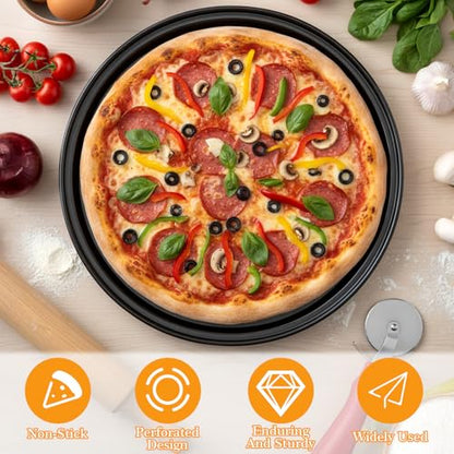 Kegeeei 4 Pcs Pizza Pan Set With Holes, Carbon Steel Perforated Non-Stick Pizza Tray For Oven Baking, 9 Inch, 10 Inch, 11 Inch, 12 Inch For Home Kitchen Restaurant, Black