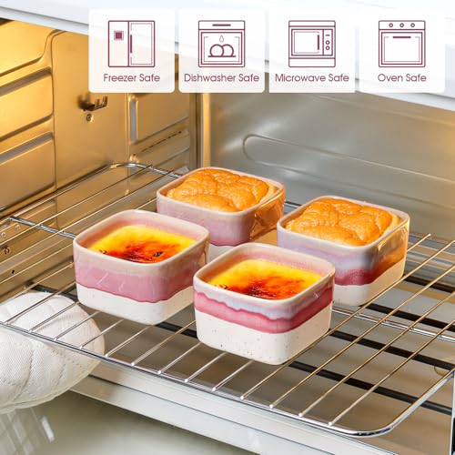 NUTRIUPS 8 oz Ramekins Oven Safe - Square Custard Cups, Ceramic Ramekins for Pudding, Creme Brulee,Souffle, Serving Dip, Ice Cream, 4-Piece Set (Pastel Lilac Flow)
