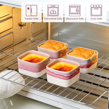 NUTRIUPS 8 oz Ramekins Oven Safe - Square Custard Cups, Ceramic Ramekins for Pudding, Creme Brulee,Souffle, Serving Dip, Ice Cream, 4-Piece Set (Pastel Lilac Flow)