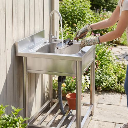 Free Standing Stainless-Steel Single Bowl Commercial Restaurant Kitchen Sink Set w/Faucet, Prep & Utility Washing Hand Basin w/Storage Shelve, laundry tub for Indoor Outdoor (22in)