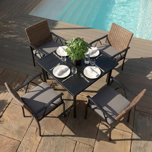 Andehomy 5-Piece Patio Dining Set for 4, Outdoor Dining Set with 4 Wicker Patio Dining Chairs with Cushions & 1 Black Square Woodgrain Dining Table with 1.75" Market Umbrella Hole, Black & Brown