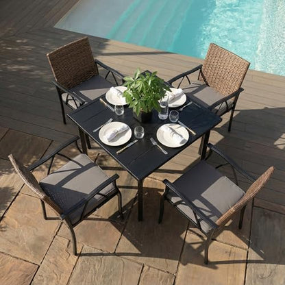 Andehomy 5-Piece Patio Dining Set for 4, Outdoor Dining Set with 4 Wicker Patio Dining Chairs with Cushions & 1 Black Square Woodgrain Dining Table with 1.75" Market Umbrella Hole, Black & Brown
