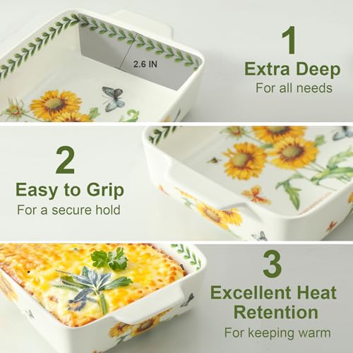 Howise Ceramic Sunflower Baking Casserole Dish with Handles,Large 2 pieces 8x13 inch & 6x10 inch Lasagna Baking Dish and Middle Flower Andplant Baking Pan,Porcelain Serving Bakeware Set
