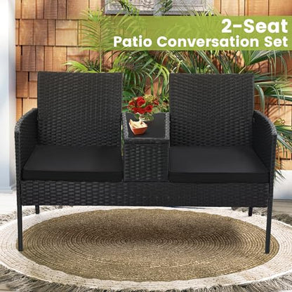 Kromax Wicker 2 Seat Patio Loveseat, Outdoor Rattan Loveseat with Table