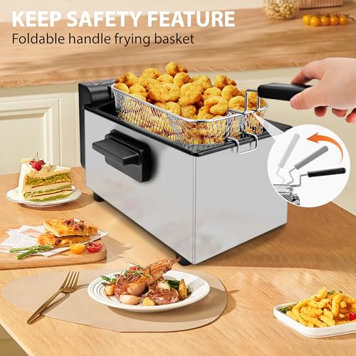 Pukomc Deep Fryer 3 Liter Capacity,1500W Oil Fryer with Adjustable Temperature,Viewing Window,Detachable Frying Basket,Made of Stainless Steel Material and Easy to Clean