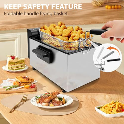 Pukomc Deep Fryer 3 Liter Capacity,1500W Oil Fryer with Adjustable Temperature,Viewing Window,Detachable Frying Basket,Made of Stainless Steel Material and Easy to Clean