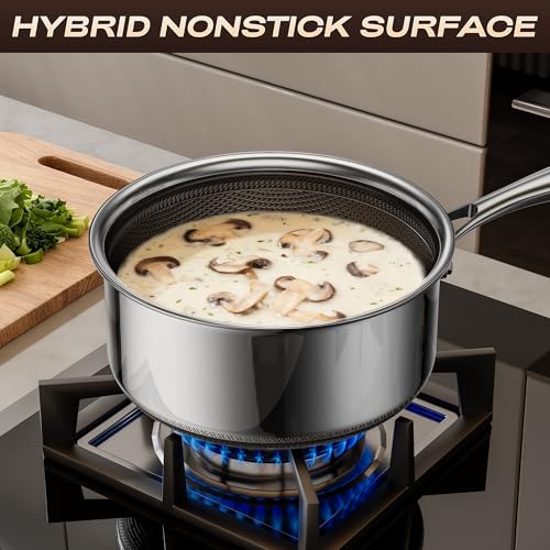 ZEROPAN 1 Quart Stainless Steel Saucepan with Glass Lid,6 Inch Hybrid Nonstick Sauce Pan,PFAS PFOA PTFE Free,Stay-Cool Handle,Dishwasher-Friendly,Oven-Safe,Small Pots Compatible with All Cooktops