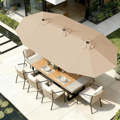 AreShark 15FT Patio Umbrella with Solar Lights, Double Sided Outdoor Table Umbrellas with Crank, Large Rectangular Market Umbrella for Porch, Lawn, Pool, Backyard, Beige
