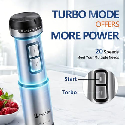Levstek Immersion Hand Blender Set, 1200W 20-Speed Stainless Steel Stick Blender with 7 Accessories, 500ml & 200ml Chopper Cups, Milk Frother, Egg Beater, for Smoothies, Soups Kitchen Essential