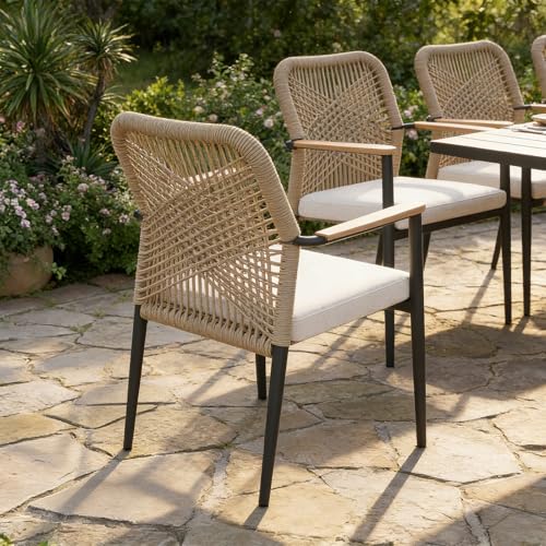 SUNSITT 9 Piece Outdoor Patio Dining Set, 63" - 105" Aluminum Expandable Outdoor Dining Table w/Thermal Transfer Wood Grain Tabletop, 8 Woven Wicker Patio Chairs w/WPC Armrests for Garden