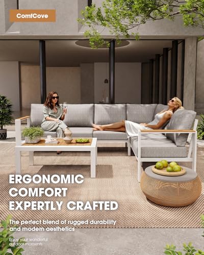 ComfCove Aluminum Outdoor Patio Furniture Set 8 Seats, Outdoor Sectional Corner Sofa, Patio Conversation Set with Coffee Table & Washable Cushions, Furniture Set for Porch, Balcony, Deck, White