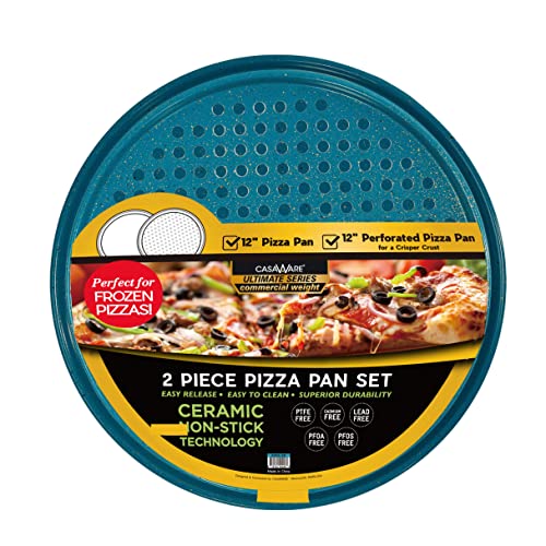 casaWare 2pc 12-inch Ultimate Pizza Pan Set, Nonstick, Ceramic Coated, (1) Solid, (1) Perforated (Blue Granite)