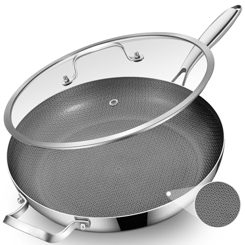 Inqibee 14.5-Inch Hybrid Ceramic Nonstick Tri-Ply Stainless Steel Frying Pan with Lid, Large Skillet,Induction Chef's Cooking Pan,Dishwasher and Oven Safe