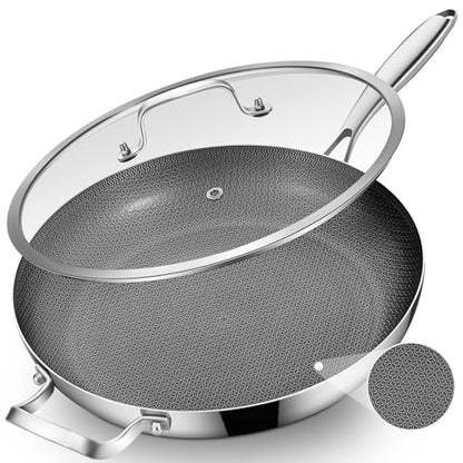 Inqibee 14.5-Inch Hybrid Ceramic Nonstick Tri-Ply Stainless Steel Frying Pan with Lid, Large Skillet,Induction Chef's Cooking Pan,Dishwasher and Oven Safe