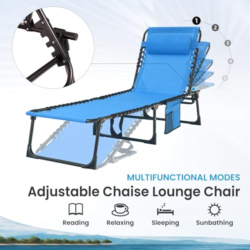 Foristrail 2 Pack Outdoor Folding Chaise Lounge 5-Position Adjustable Recliner 400LB Heavy Duty Portable Patio Camping Beach Chair, Blue