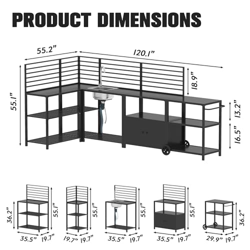 LYNSLIM 5-Piece Outdoor Grill Table Kitchen Island with Ample Storage Cabinet, Outdoor Metal Grill Cart, Independence Steel Sink & Drainage w/Faucet (Black, Outdoor Kitchen Lsland)