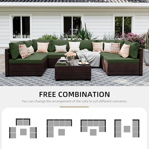 UPHA 7-Piece Wicker Patio Furniture Set with Coffee Table, Green