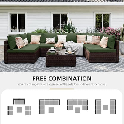 UPHA 7-Piece Wicker Patio Furniture Set with Coffee Table, Green