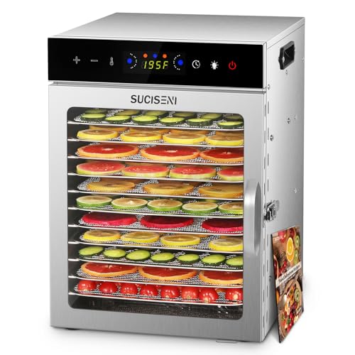 Food Dehydrator Machine 12 Stainless Steel Trays 1000W Meat Dehydrator for Home Use, 24H Timer & 195℉ Temperature Control Food Dryer for Jerky Fruit Herbs Mushroom Dog Treats