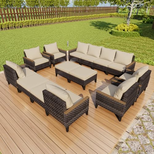 14 Pieces Outdoor Furniture Set, Patio Conversation Sets (Beige Cushions)