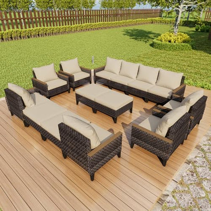 14 Pieces Outdoor Furniture Set, Patio Conversation Sets (Beige Cushions)