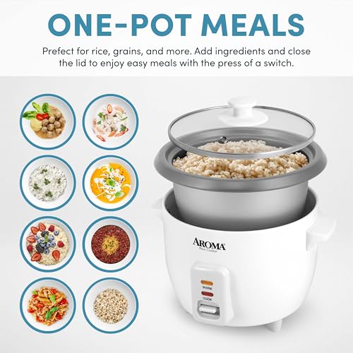 AROMA® Rice Cooker, 3-Cup (Uncooked) / 6-Cup (Cooked), Small Rice Cooker, Oatmeal Cooker, Soup Maker, Auto Keep Warm, 1.5 Qt, White, ARC-363NG