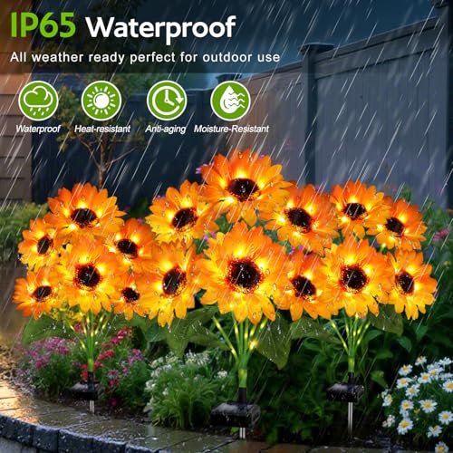 Solar Sunflower Lights Outdoor Garden Decor, Solar Flowers Lights with 18 Sunflowers, Waterproof Fall Decor Stake Decorative Light Auto ON/Off for Garden Yard Patio Backyard, Gift for Women (3 Pack)