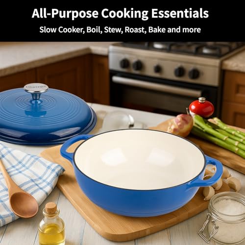 Enameled Cast Iron Braiser, 3 Quart Enameled Cast Iron Skillet with Lid, Oven Safe up to 500° F or on Stovetop, Suitable for Marinate, Cook, Bake, Refrigerate and Serve, Blue