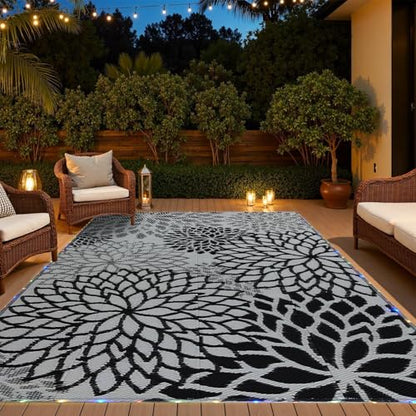 YONILE Outdoor Rug 8x10 ft with LED Light, Waterproof Reversible Outdoor Plastic Straw Rug for Patios Clearance, Large Outdoor Area Rug Carpet RV Mat for Camping Backyard Deck Porch Beach